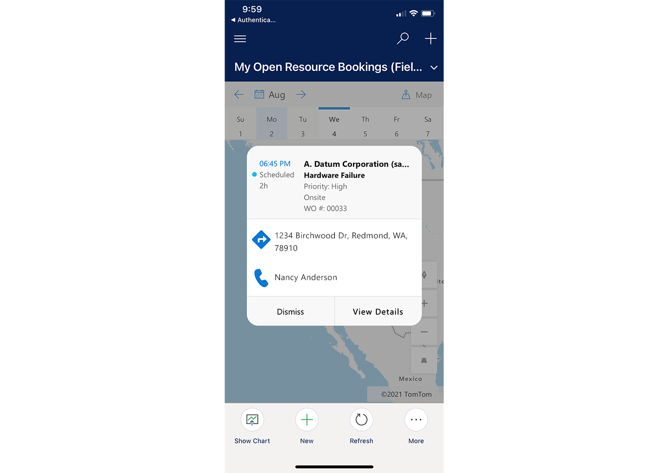 Field Service mobile app with customized calendar map view.