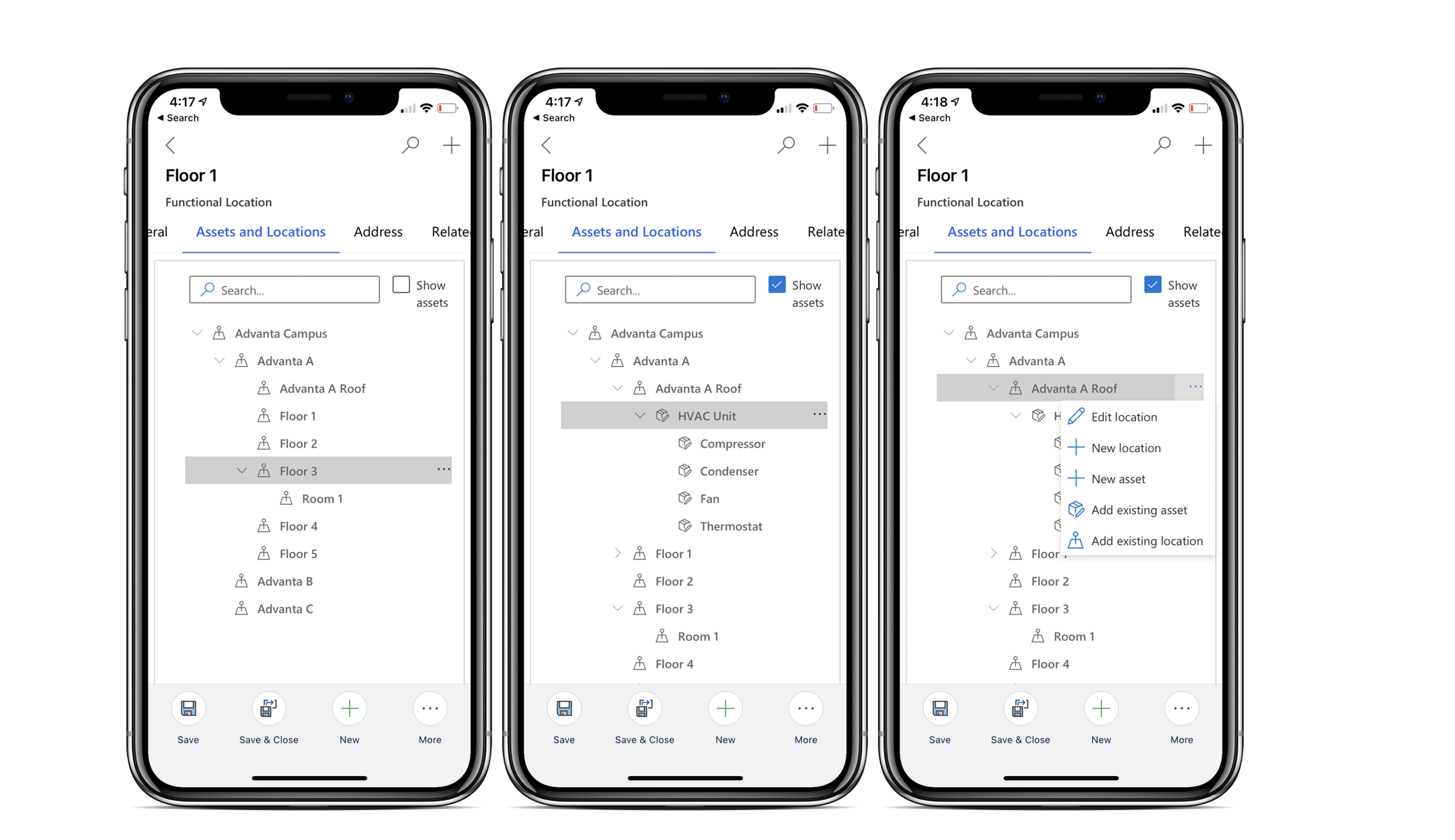 Simulated screenshots of the Field Service mobile app, showing asset hierarchies and functional locations.