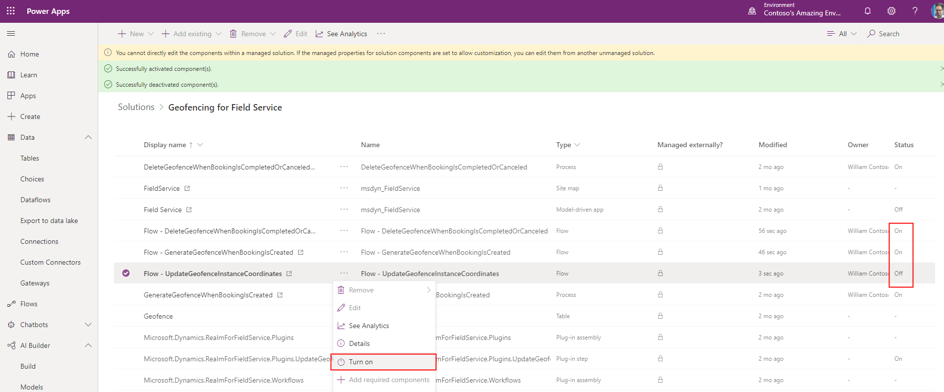 Screenshot of Power Apps showing the geofencing for Field Service solution.