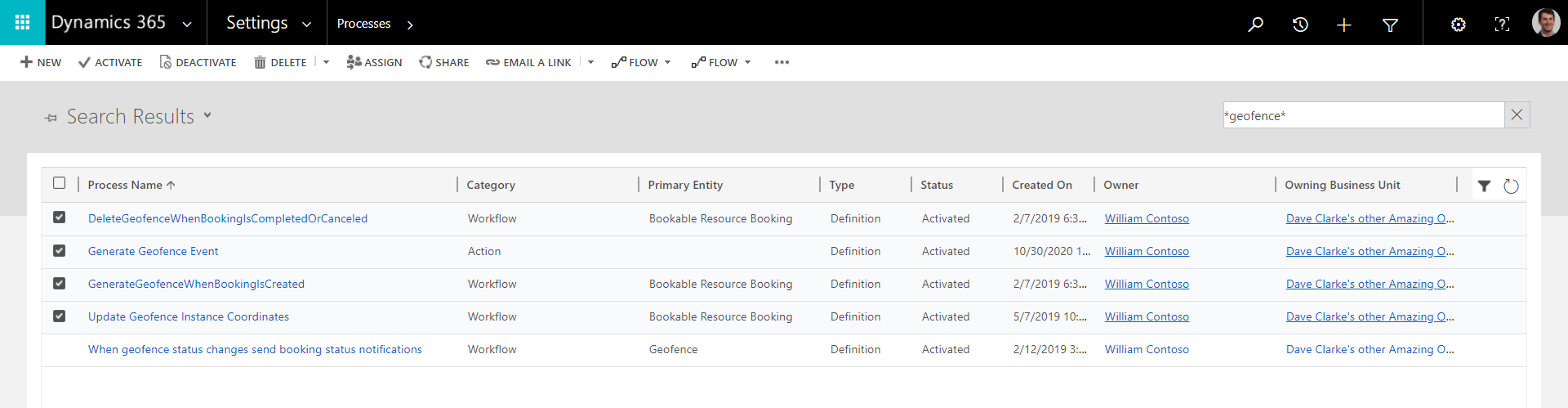 Screenshot of Field Service settings, showing a list of processes.