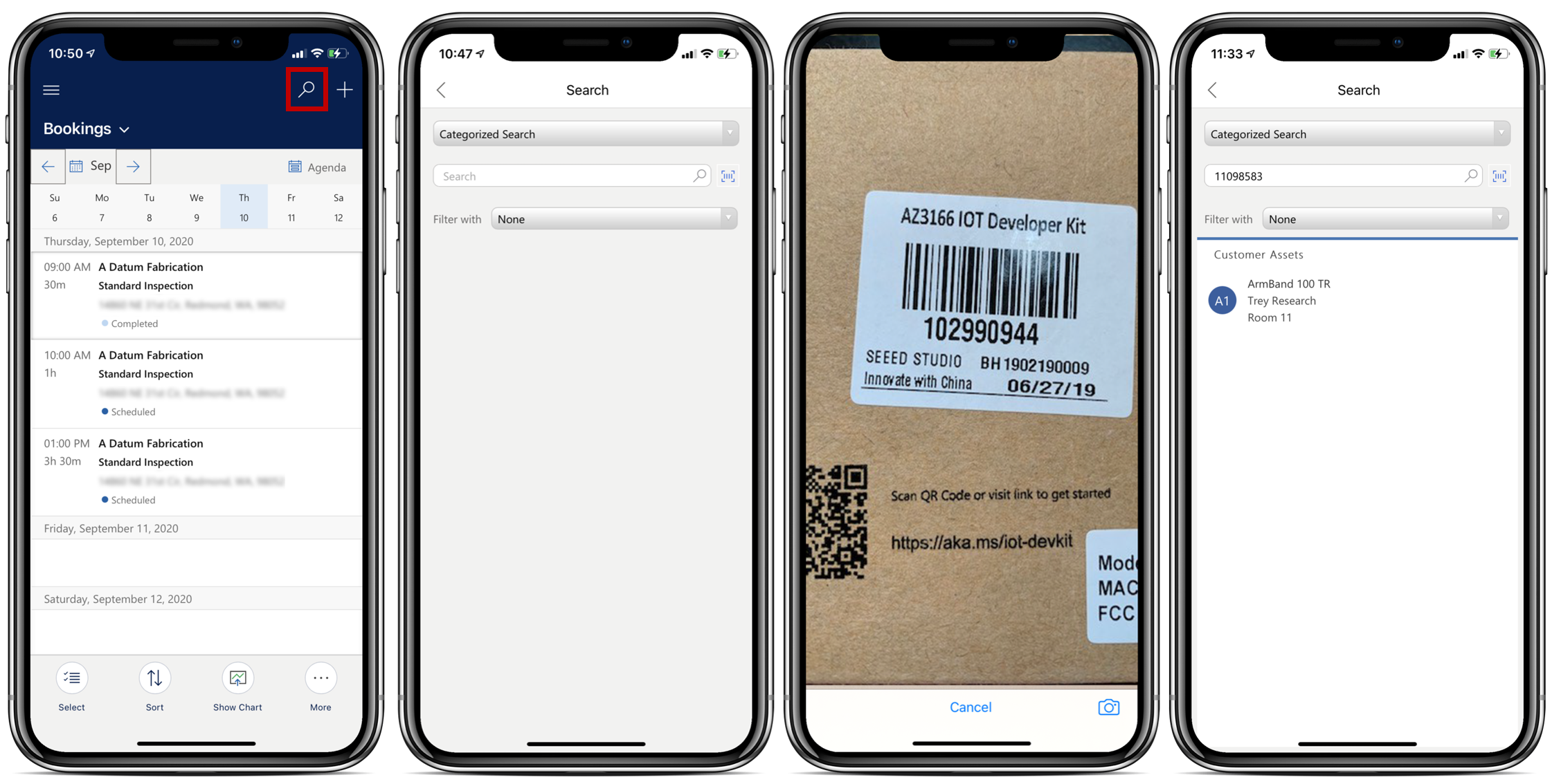 Renderings of four mobile devices showing the process of scanning a barcode in the Field Service mobile app.