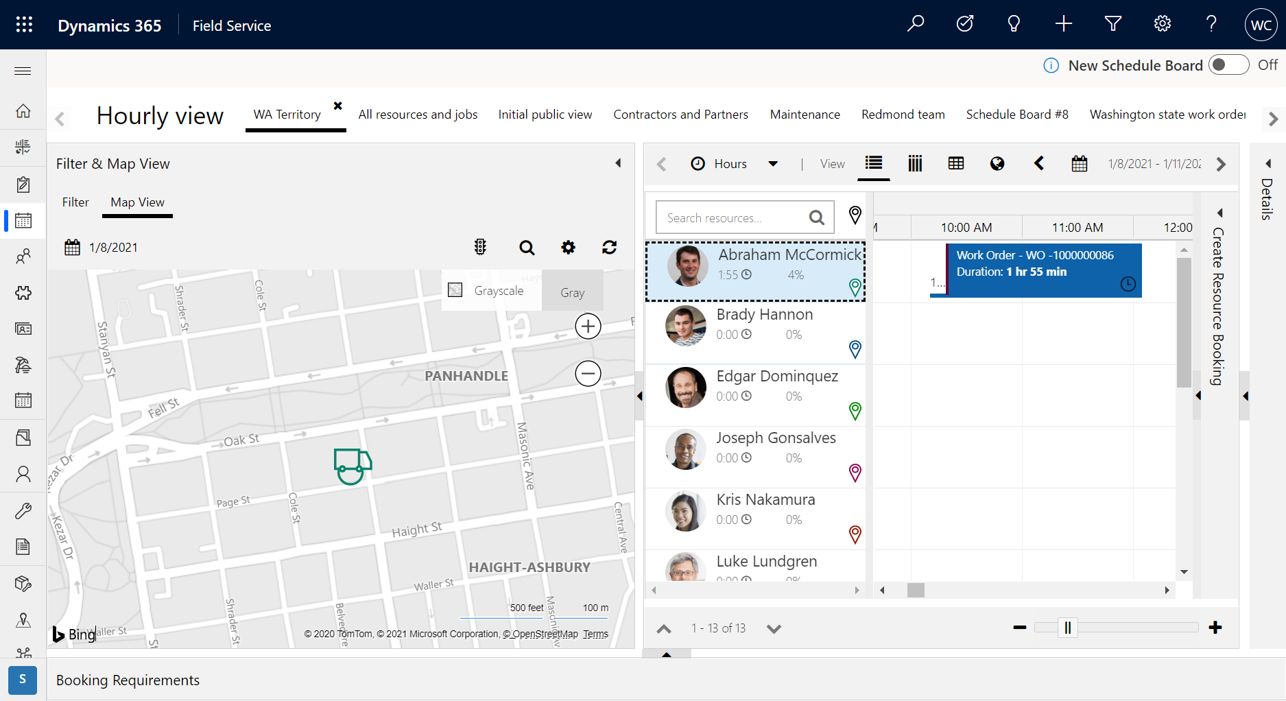 Screenshot of the hourly view on the schedule board, showing a technician on the map.