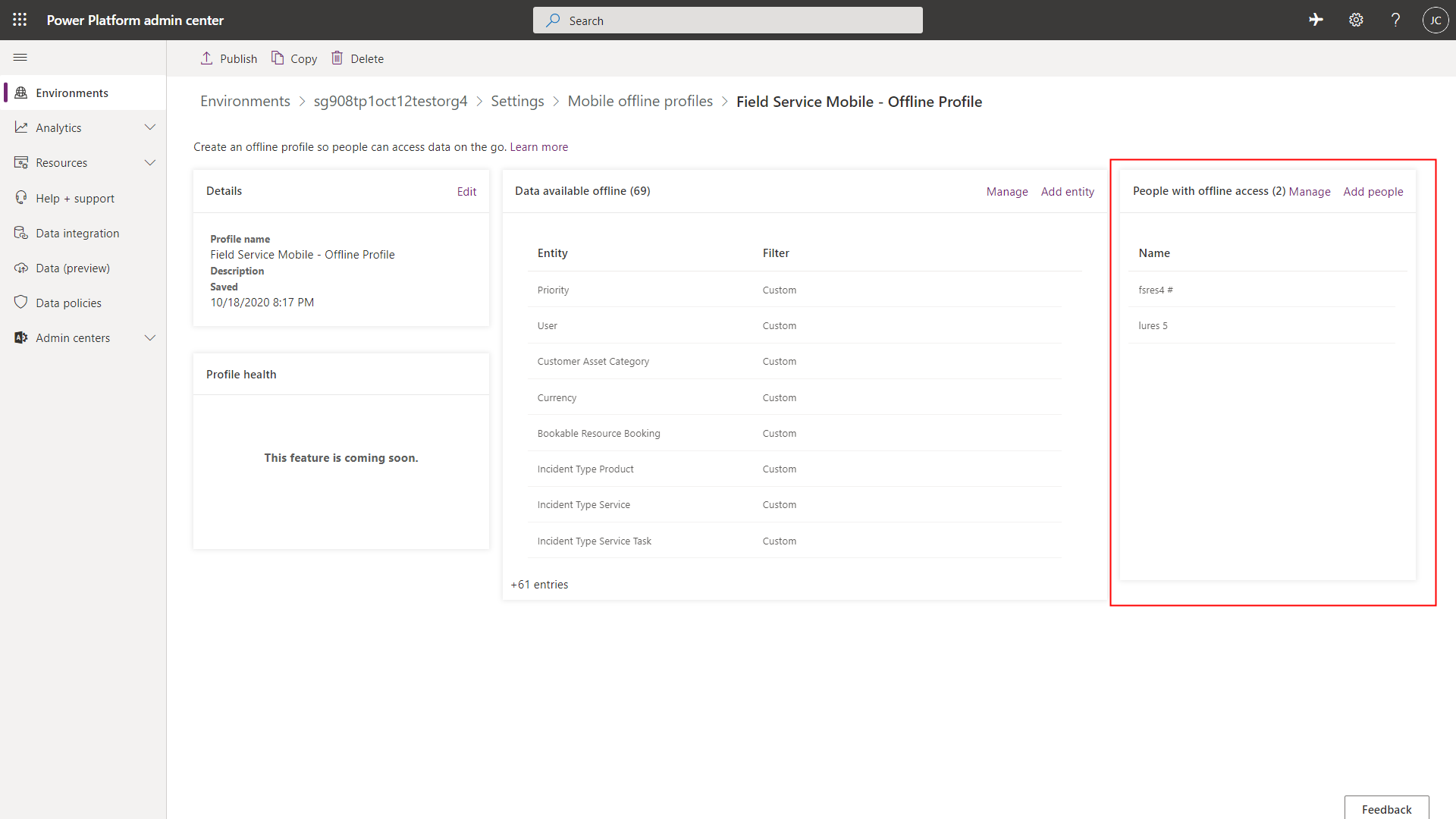 Screenshot of the Power Platform admin center, showing the section where to add users to the offline profile.