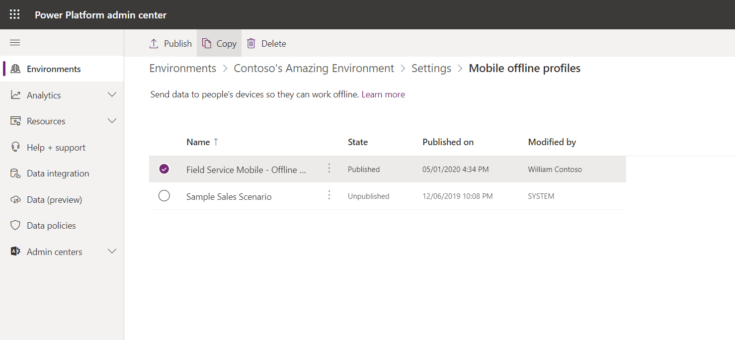 Screenshot of the Power Platform admin center showing the copy option for the Field Service Mobile - Offline profile.