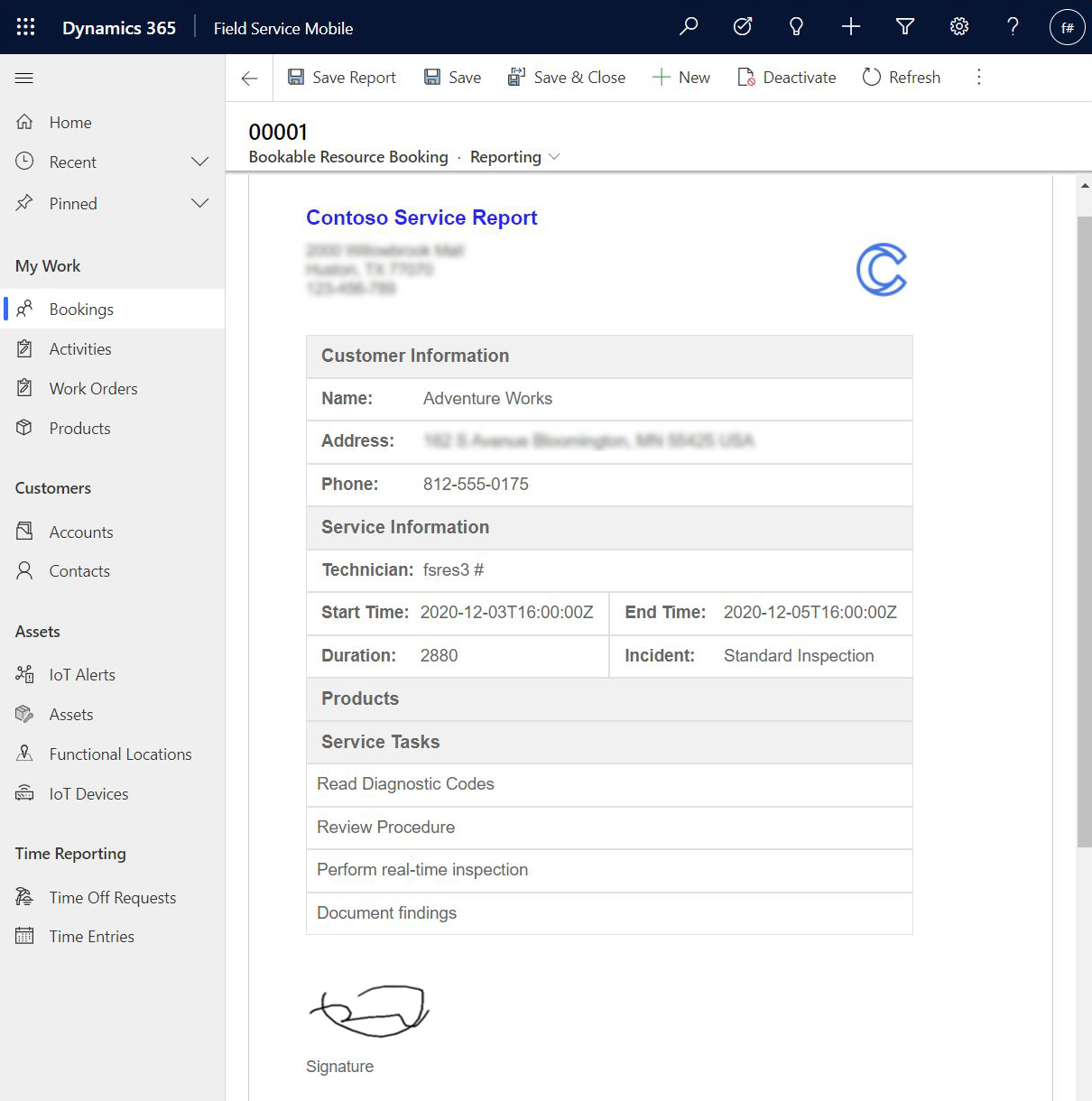 Screenshot of a sample report in the bookable resource booking record.