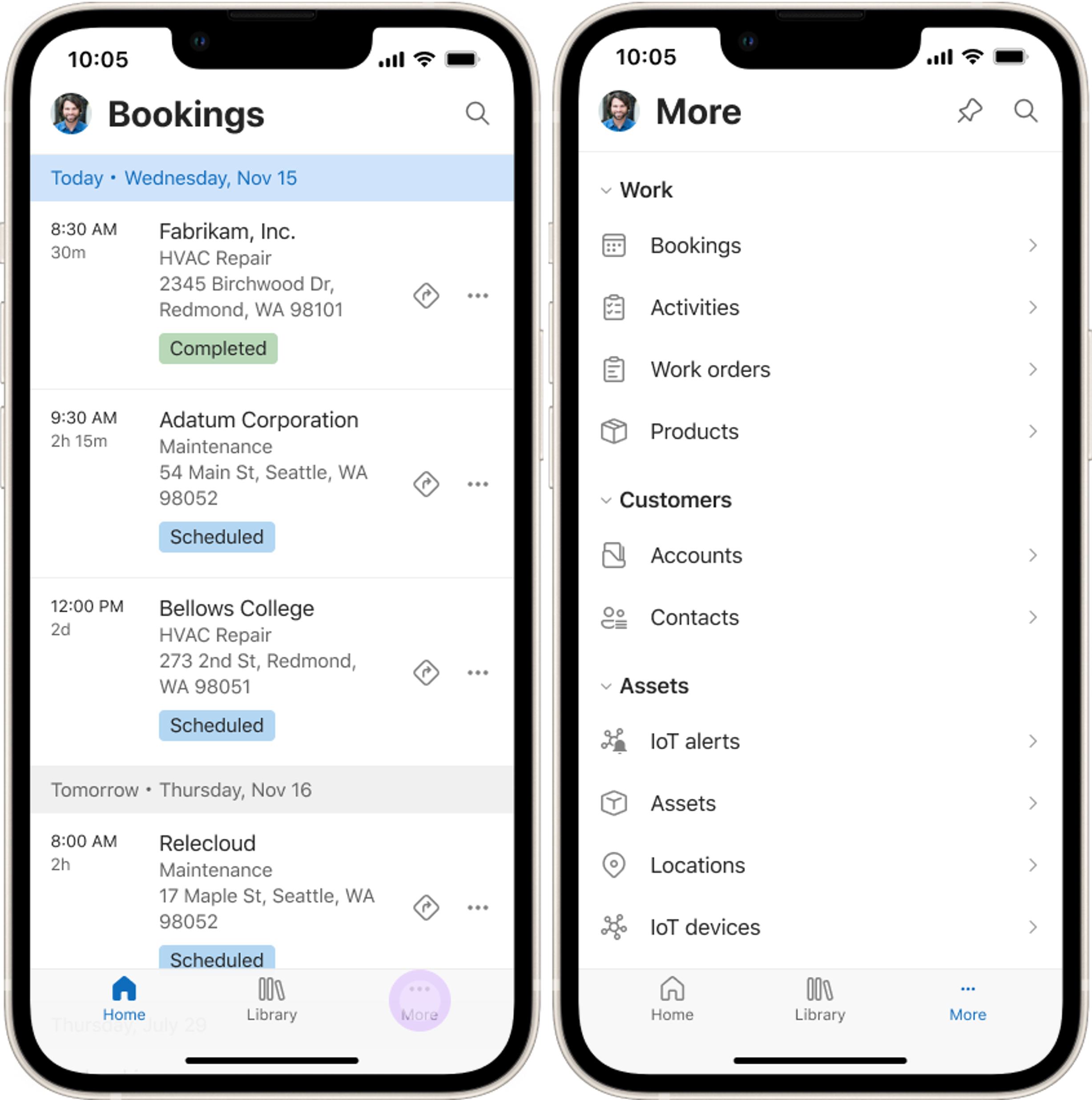 Renderings of two mobile devices showing the navigation menu in the Field Service mobile app.