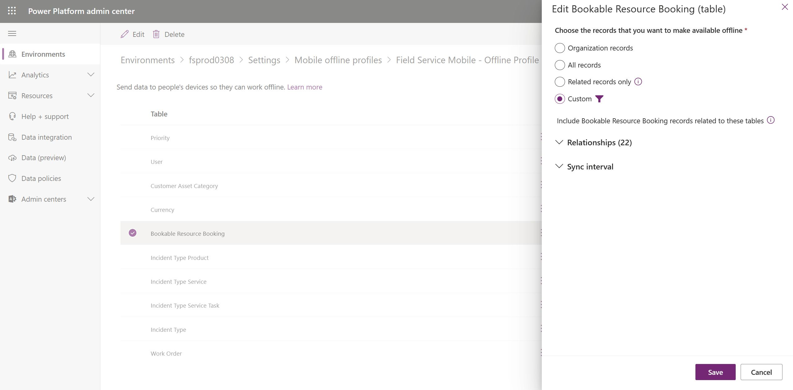Screenshot of the Power Platform admin center, showing the edit bookable resource booking entity options.
