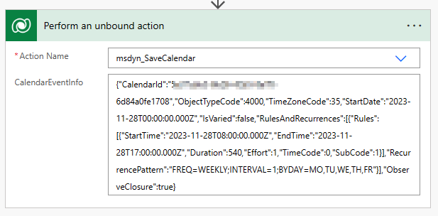 Power Automate call for msdyn_SaveCalendar action.