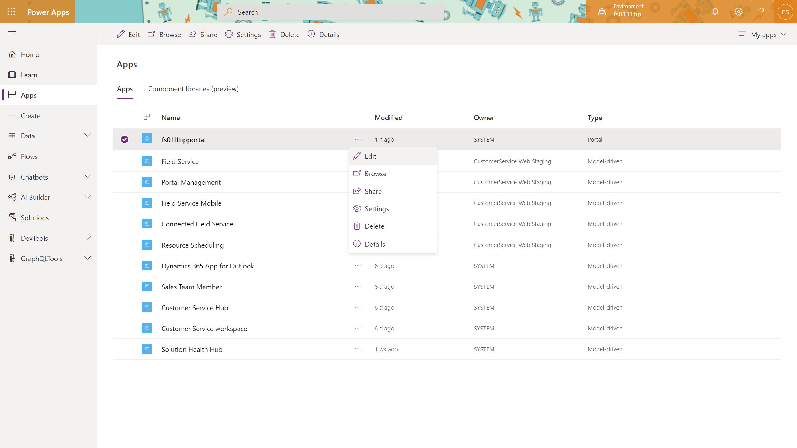 Screenshot of Power Apps showing the list of apps.