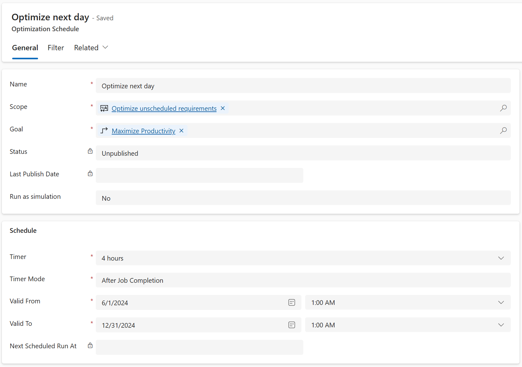 Screenshot of an unpublished optimization schedule. 