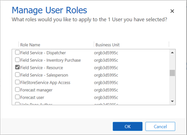 Screenshot of adding Security Roles in Field Service.