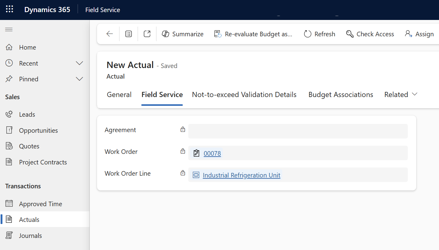 Screenshot of Field Service Actuals screen, Field Service tab.