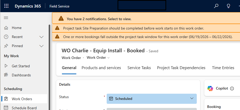 Screenshot of Field Service work order showing schedule warnings.