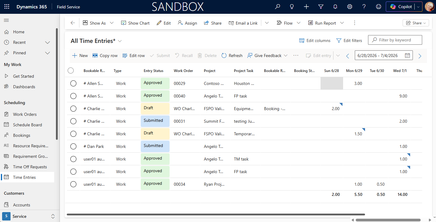 Screenshot of Field Service Modern Time Entry Grid.