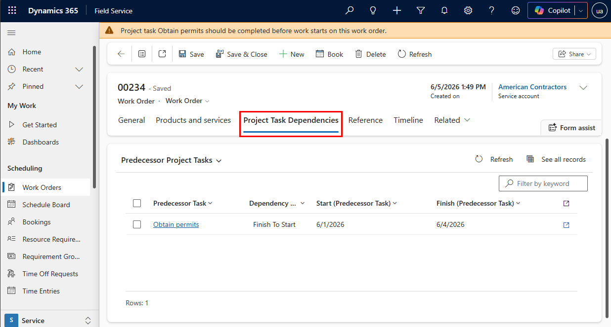 Screenshot of Field Service work order project task dependencies.