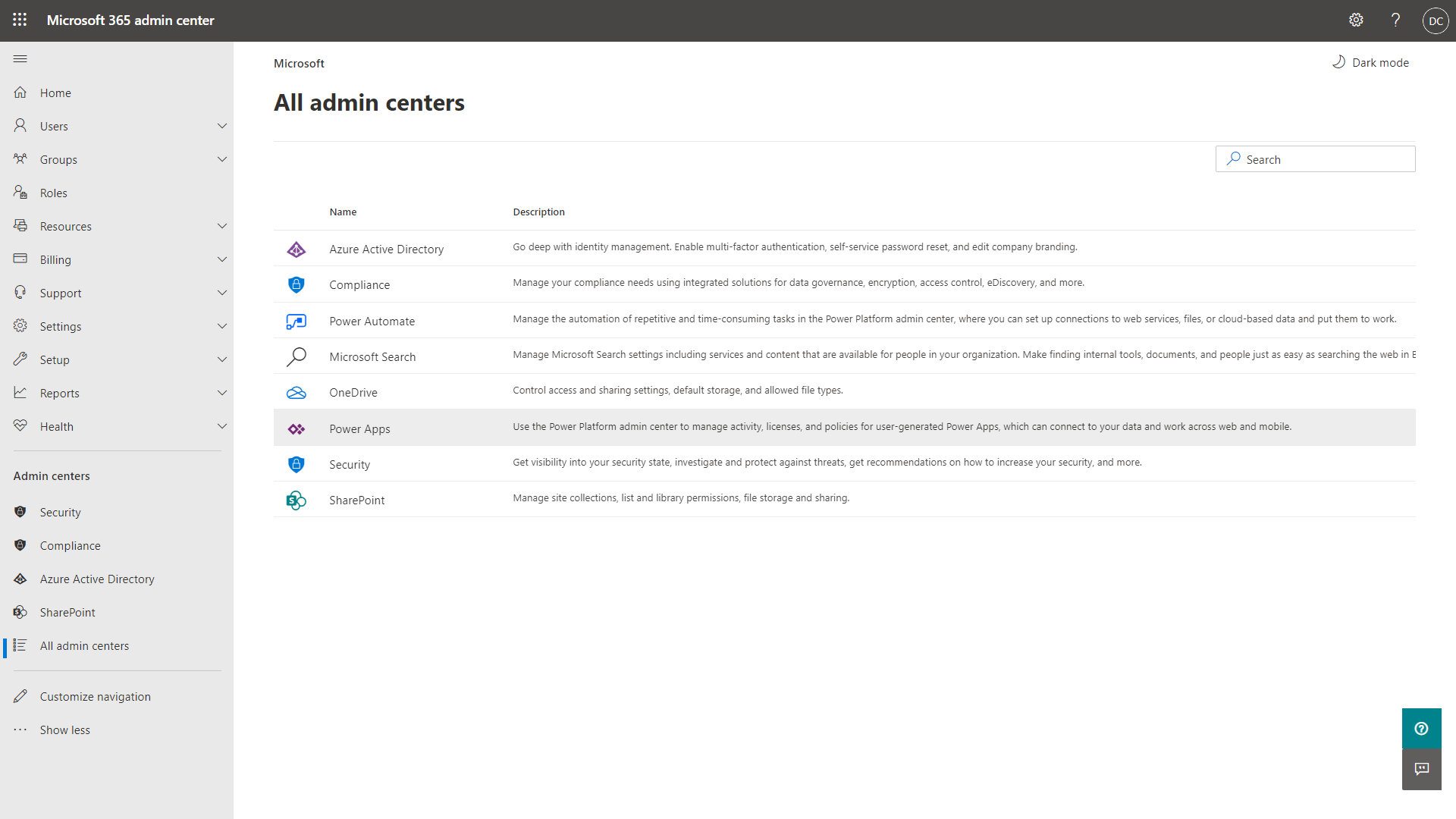 Screenshot of the list of admin centers in the Microsoft 365 admin center.