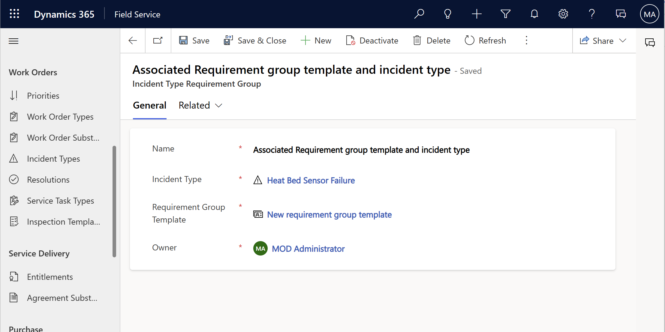 Screenshot of an incident type requirement group form in Field Service.