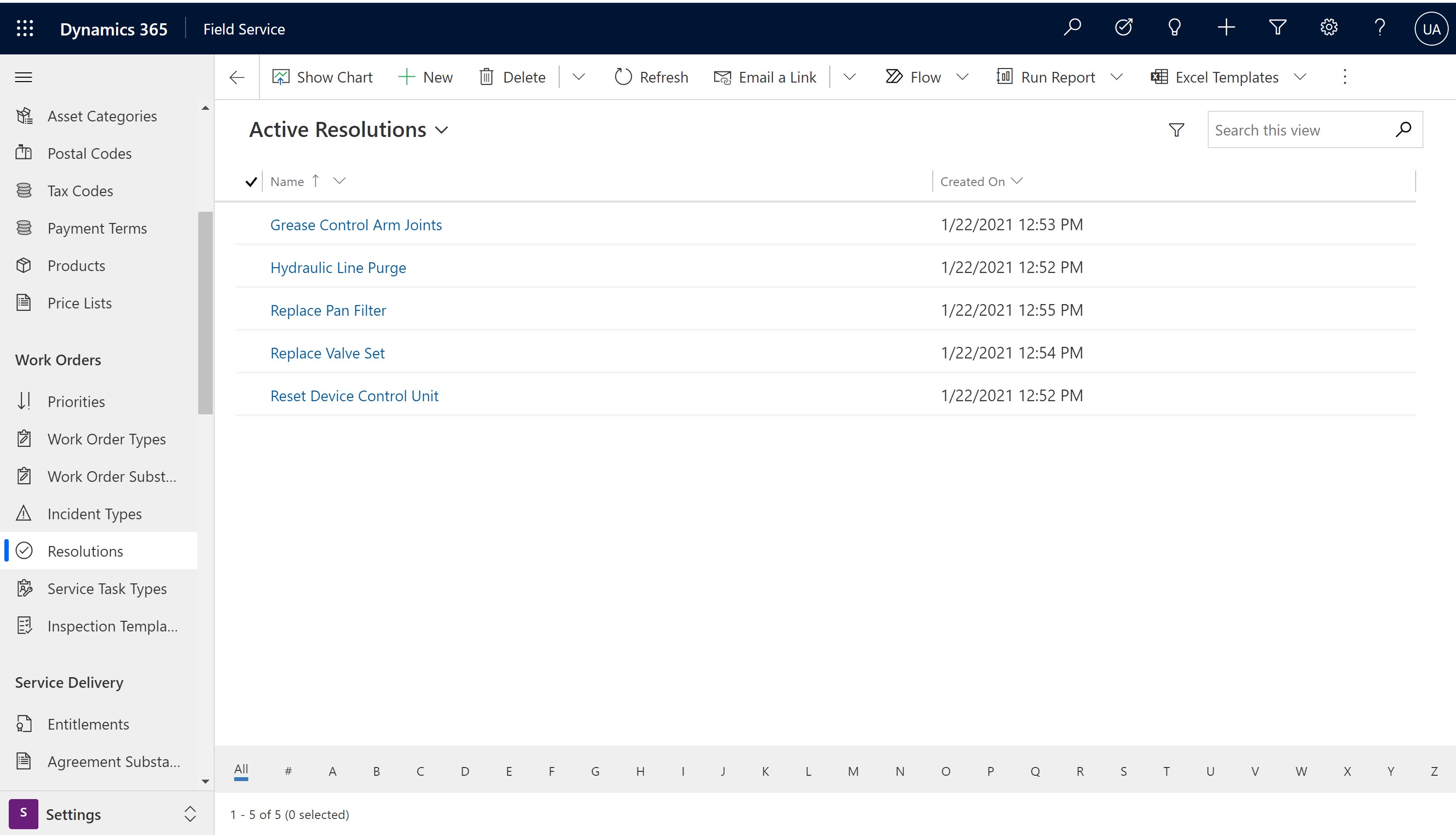 Screenshot of Field Service showing a list of active resolutions.