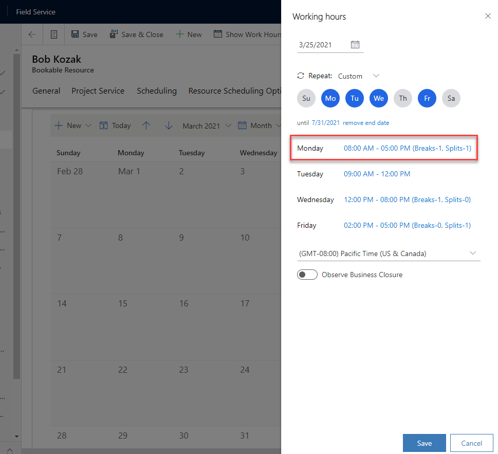 Screenshot of custom work hours on a bookable resource with different work hours on different days of a week.