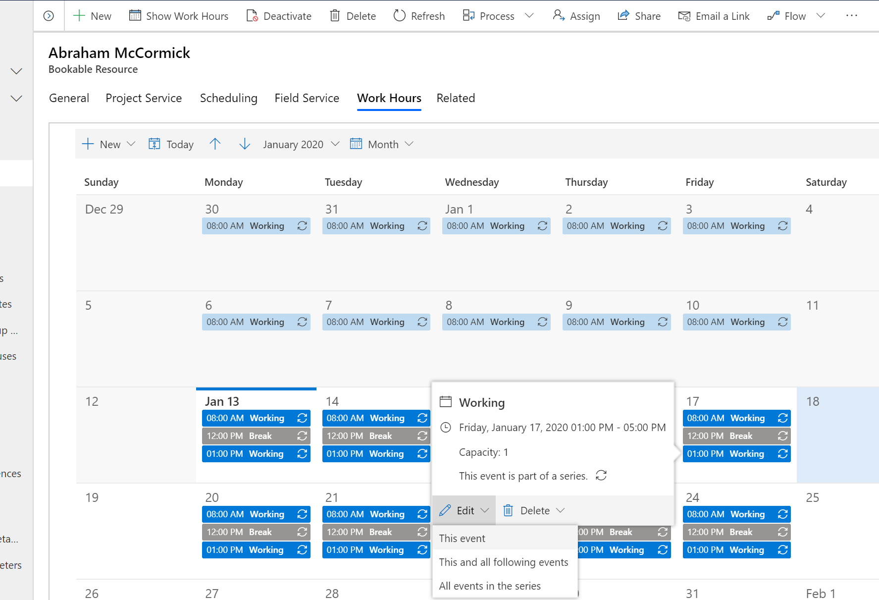 Screenshot of work hours on a bookable resource.