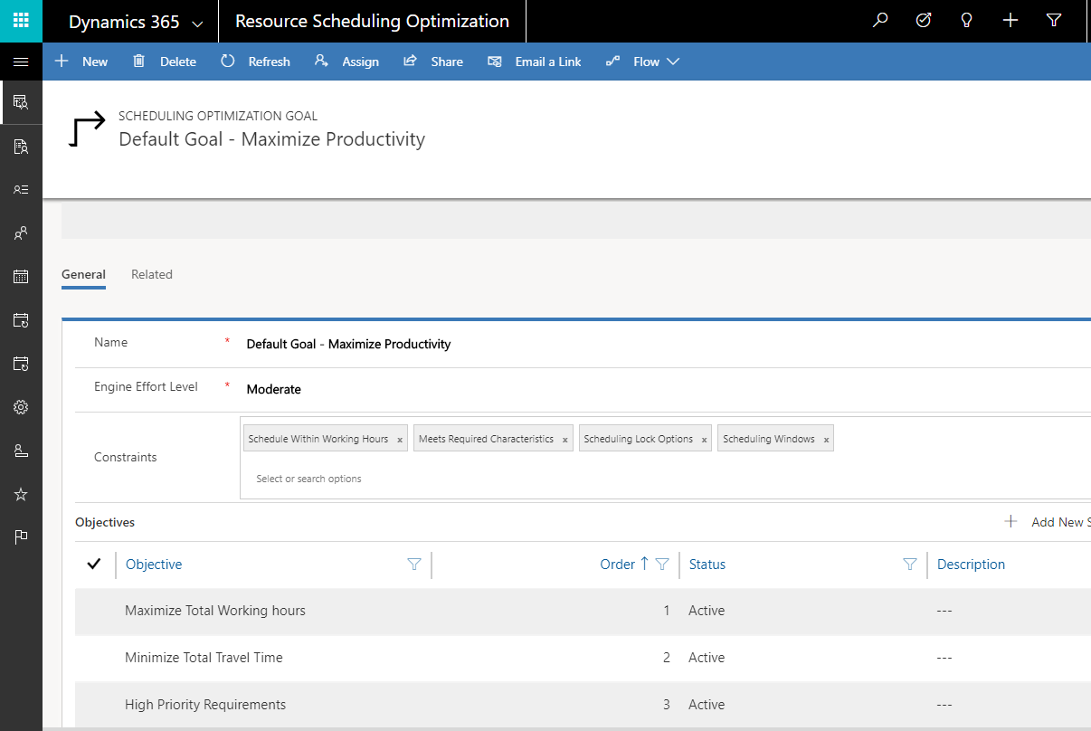 Screenshot of default goal deployed with Resource Scheduling Optimization.