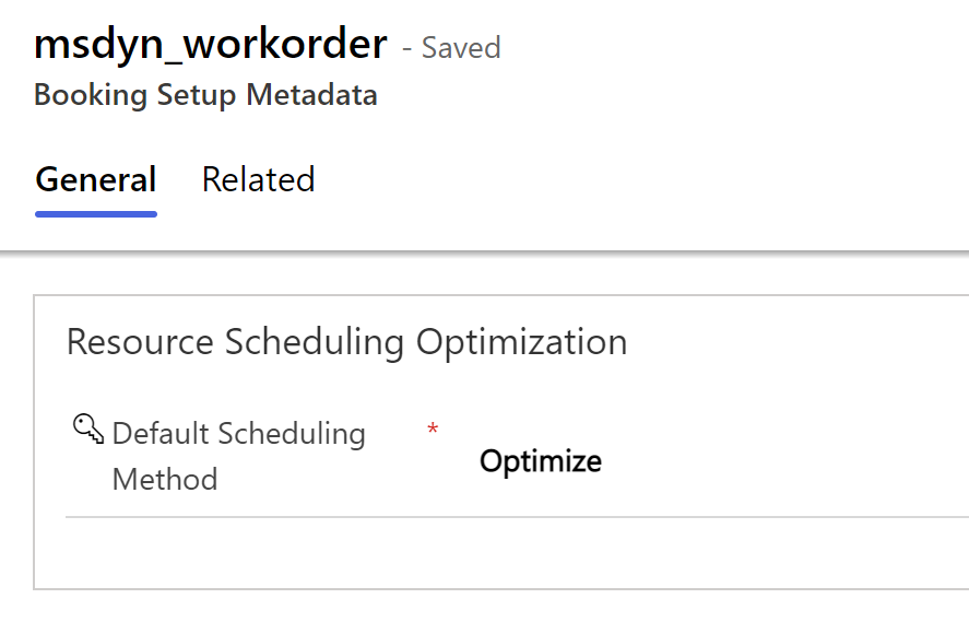 Screenshot showing the Booking Setup Metadata, with Default Scheduling Method set to Optimize.