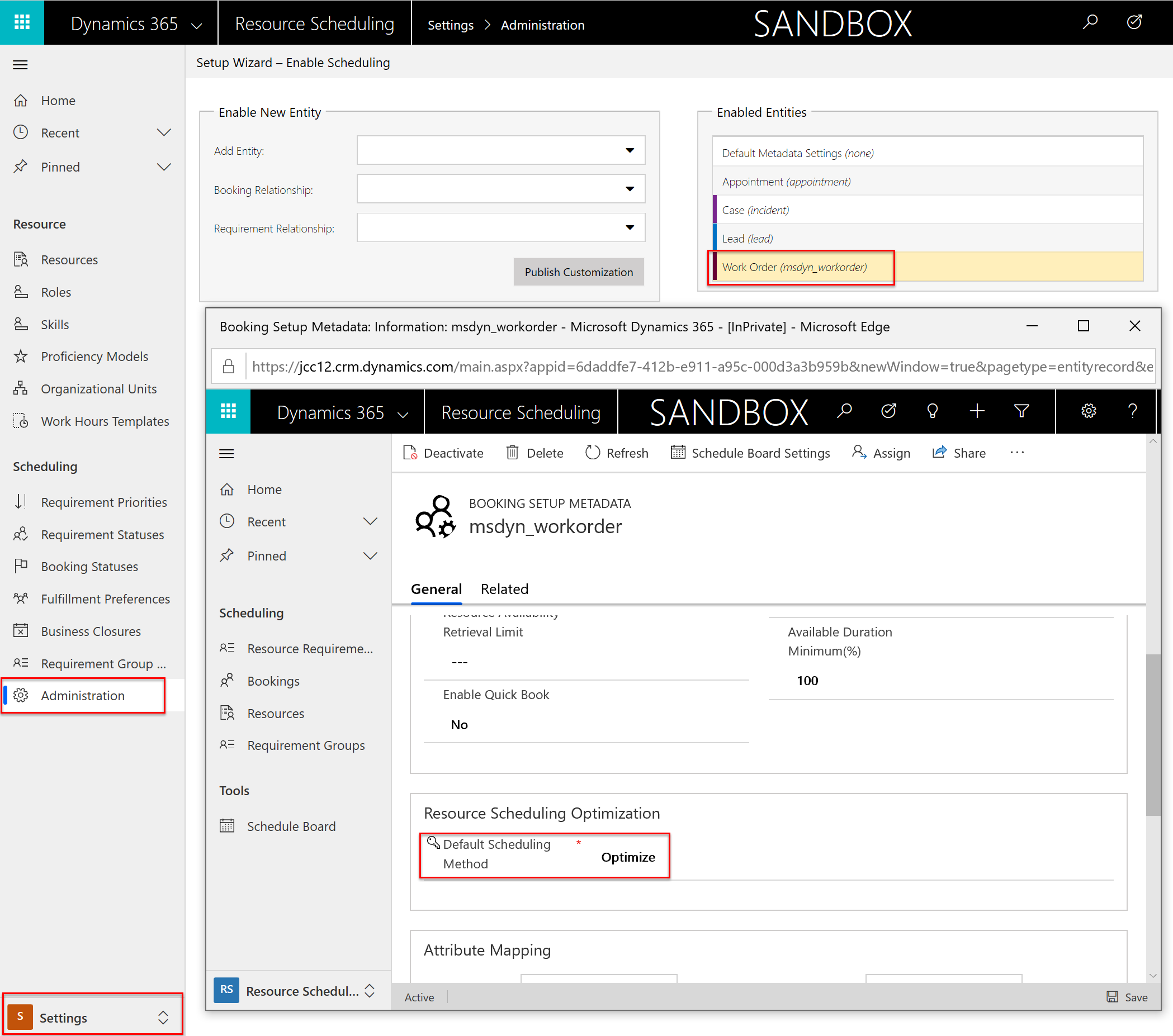 Screenshot of the default scheduling method set to optimize.