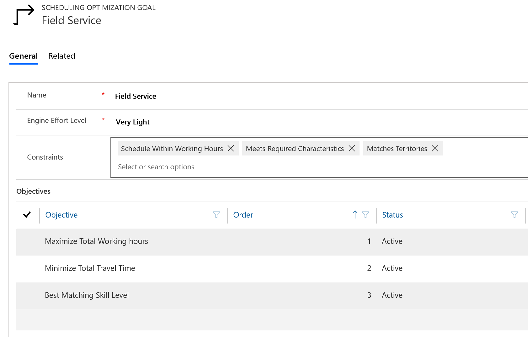 Screenshot of a scheduling optimization goal.