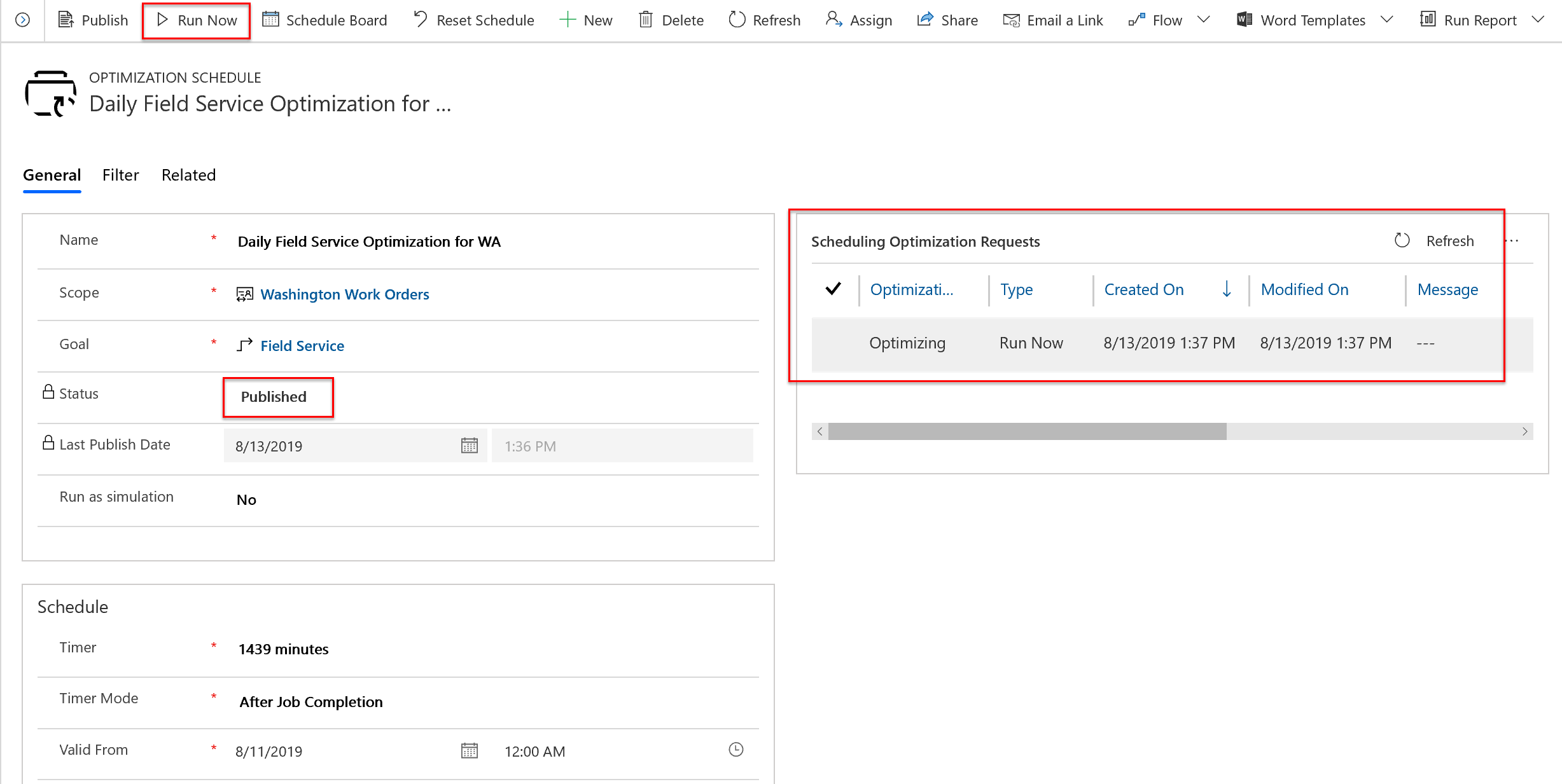 Screenshot of the optimization schedule, highlighting the status as published, and the list of scheduling optimization requests.