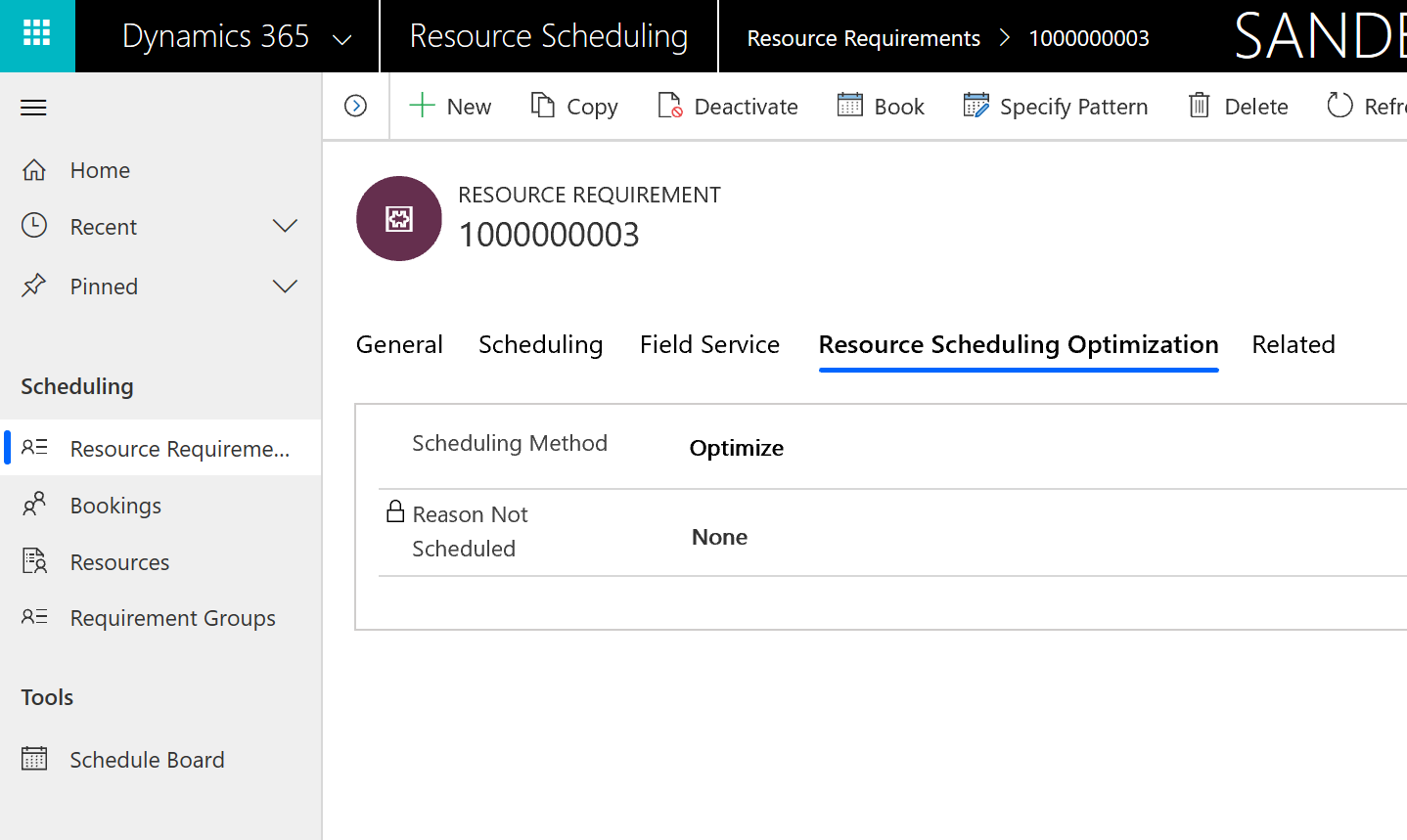 Screenshot of the resource requirement entity, showing the scheduling method set to optimize.