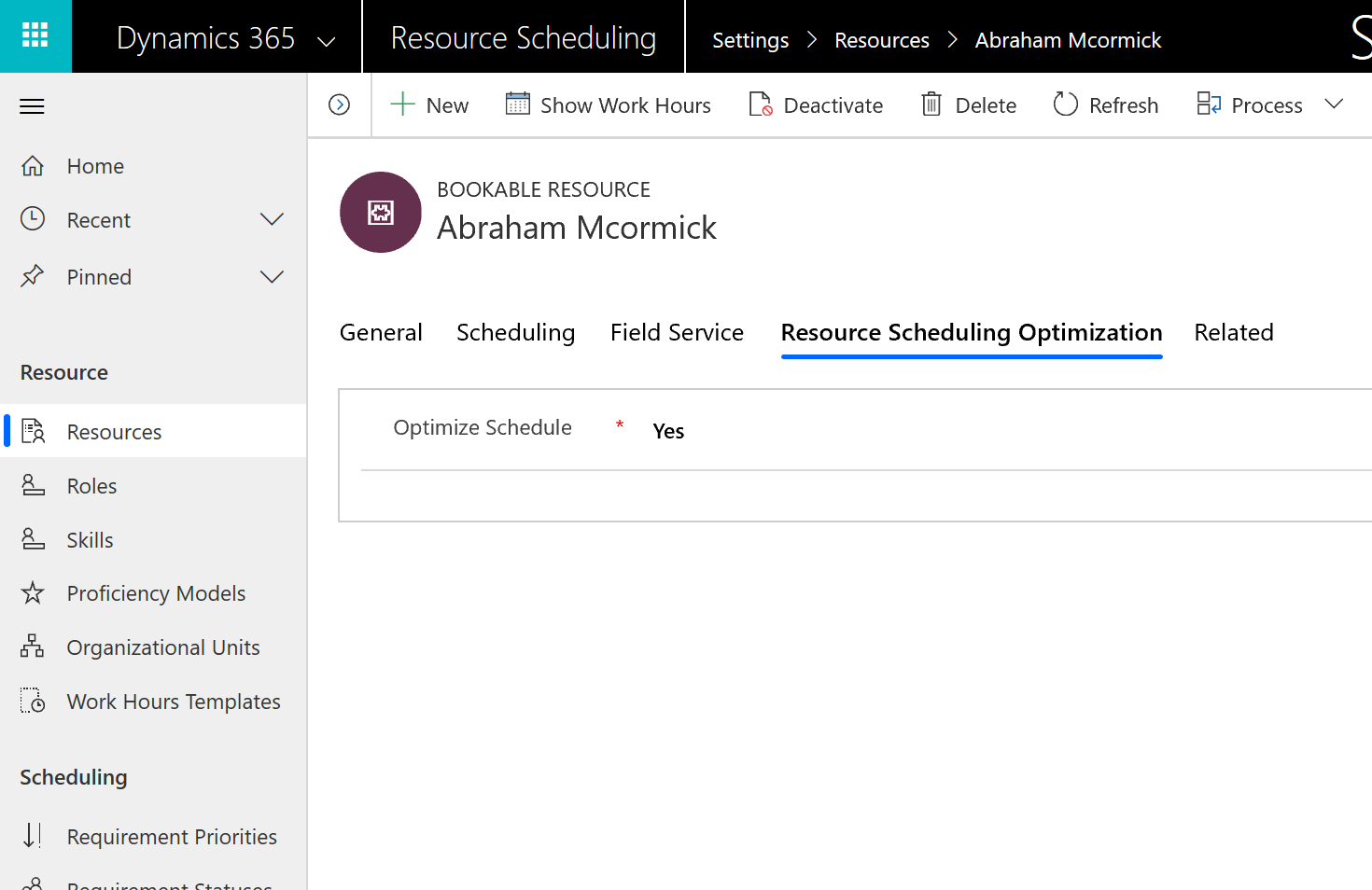 Screenshot of a bookable resource entity with "Optimize schedule" set to yes