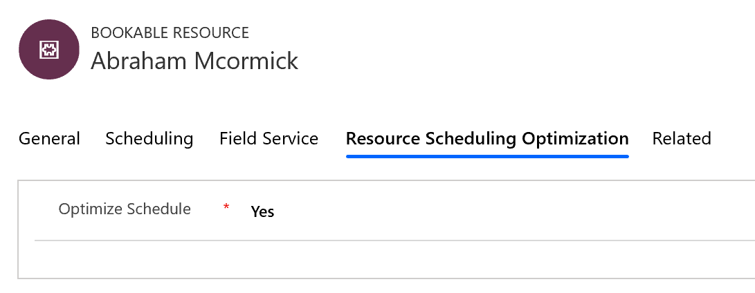 Screenshot of a bookable resource entity with "Optimize schedule" set to yes