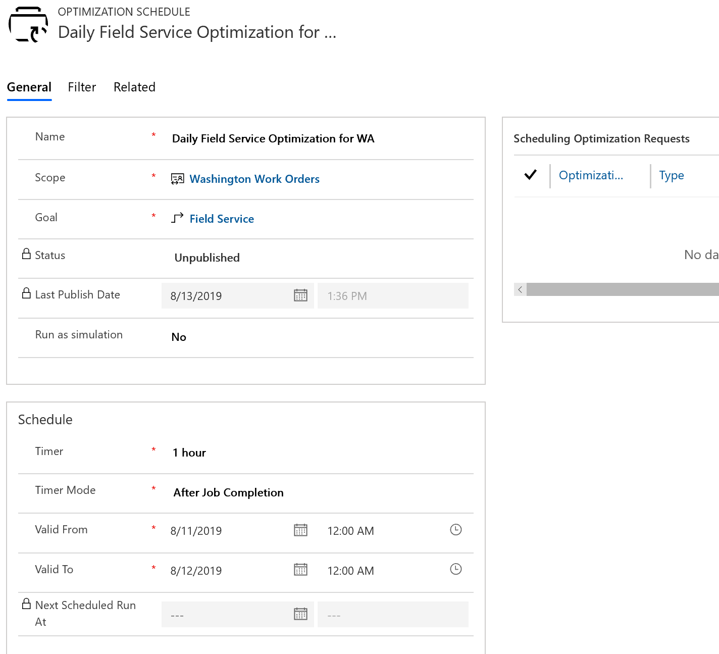 Screenshot of the optimization schedule.