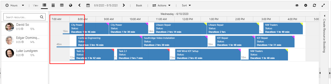 Screenshot of a schedule that shows resources booked outside of their working hours.