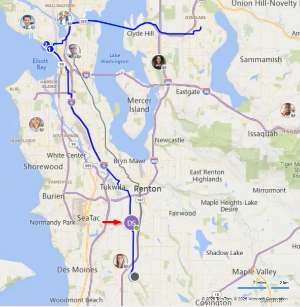 Screenshot of the Schedule Board map showing a technician's current location.