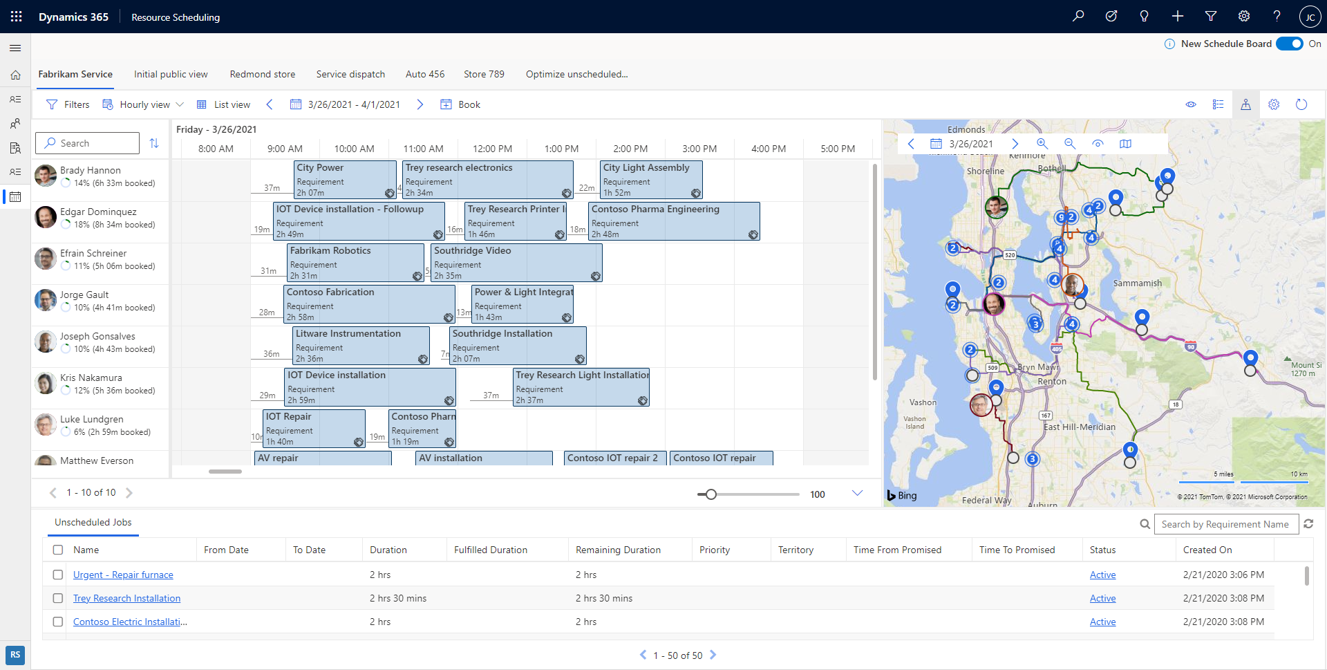 Screenshot of the new schedule board in Dynamics 365, showing the resources and requirements.