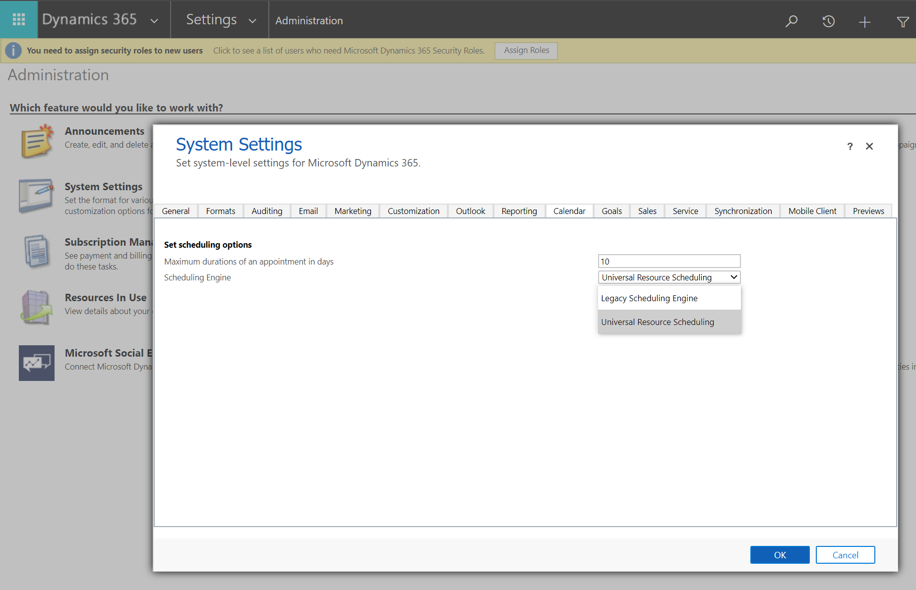 Screenshot of the system settings scheduling engine option.