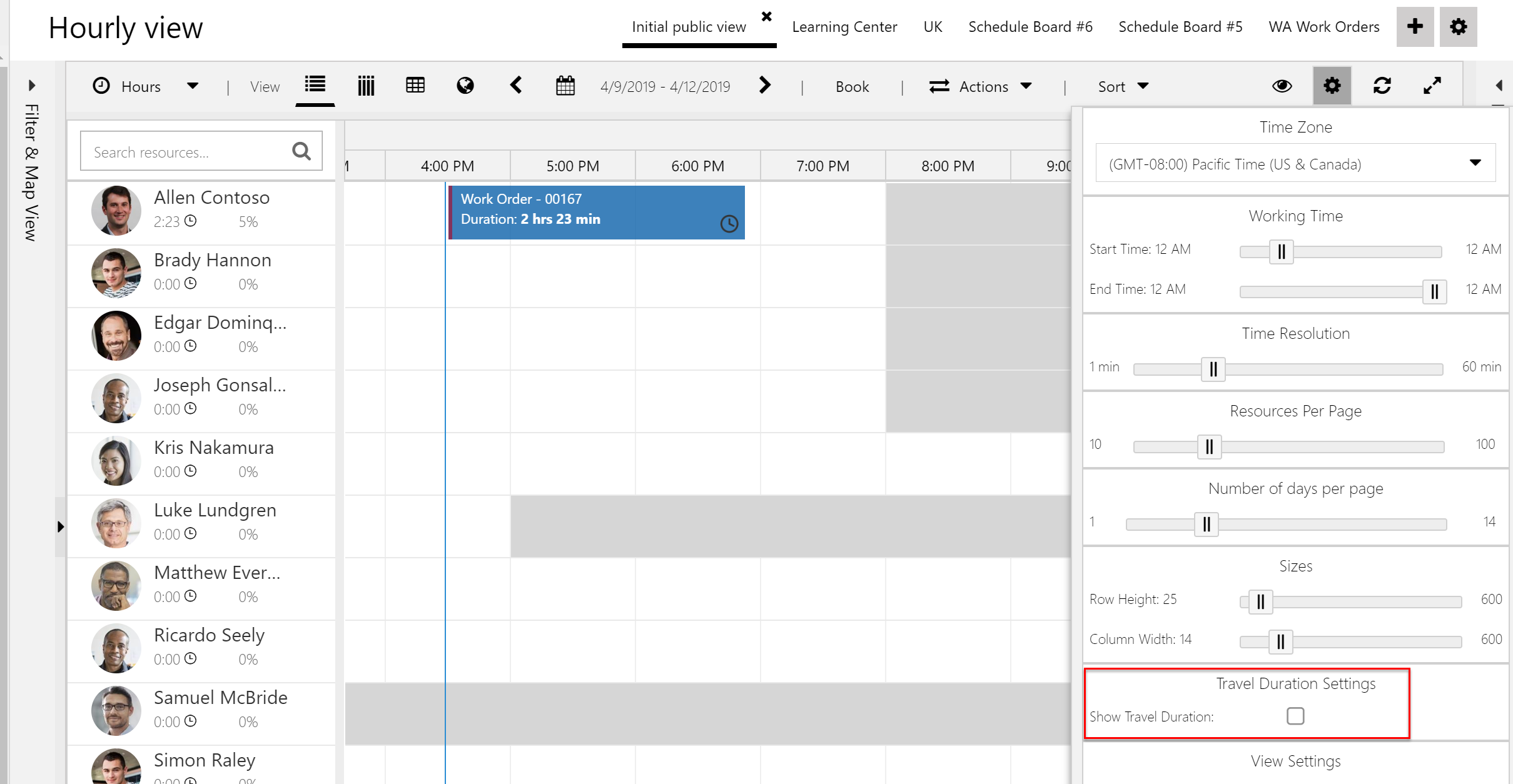 Screenshot of schedule board setting to show or hide travel duration.