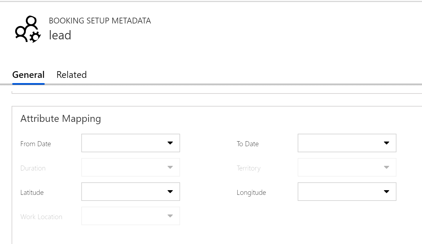 Screenshot of the booking setup metadata settings for the lead entity.