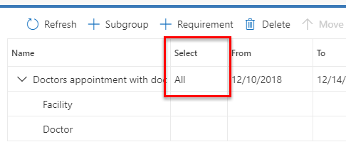 Screenshot of select field on requirement group.