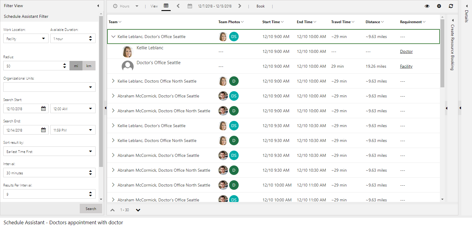 Screenshot of schedule assistant results pairing a resource with a facility resource to meet the requirement group.