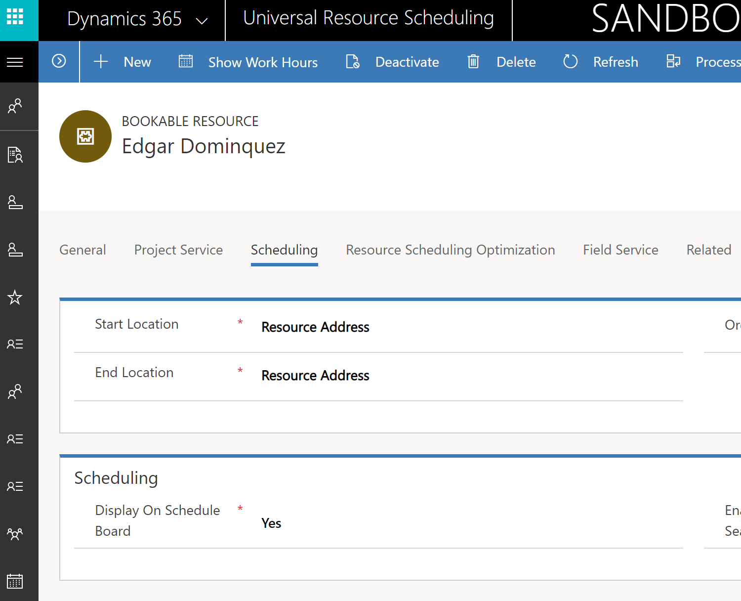 Screenshot of the Bookable Resource window, showing the Scheduling tab with the Start and End Location both set to the Resource Address.