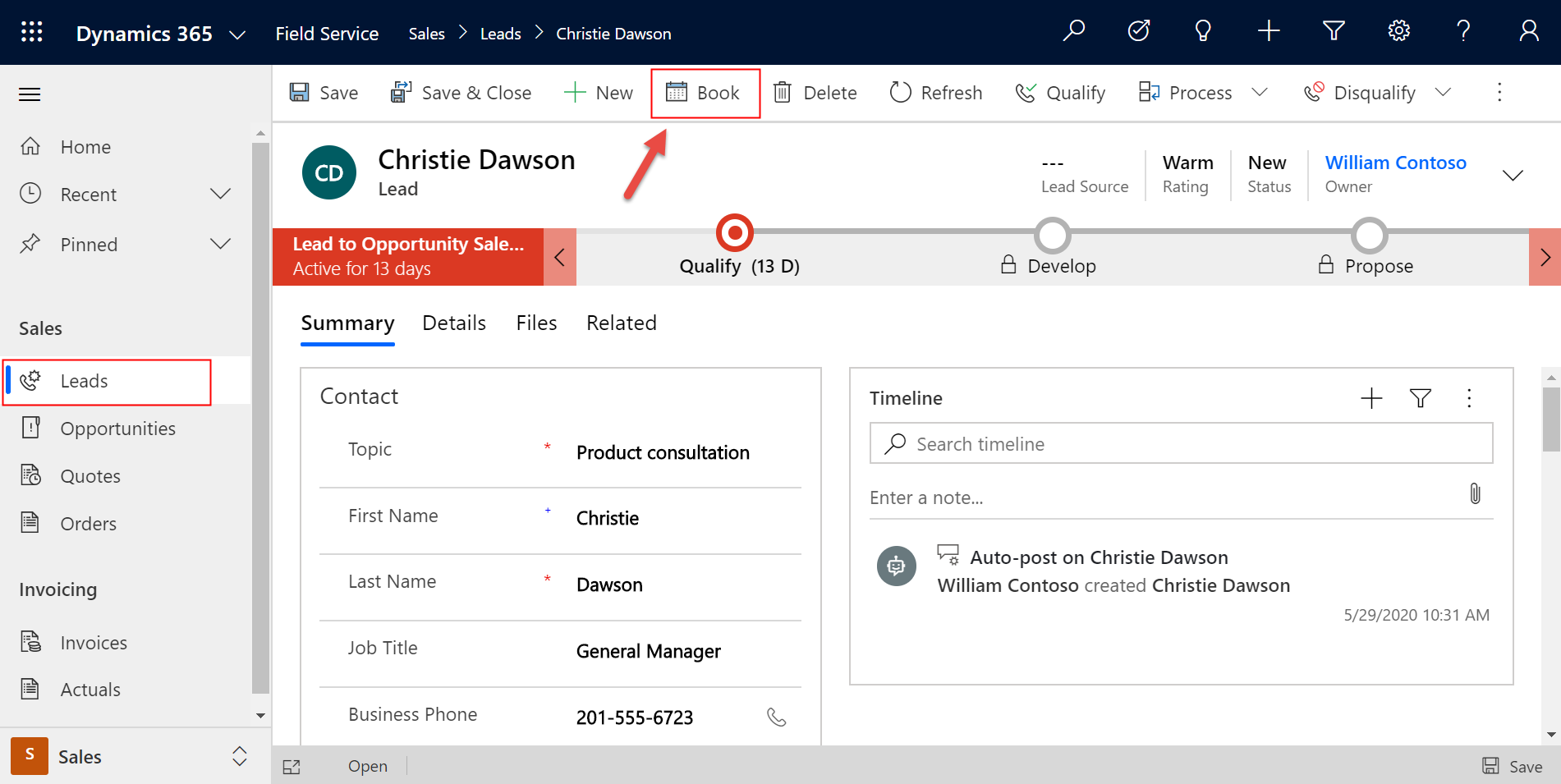 Screenshot of the option to Book a lead from Dynamics 365 Sales.