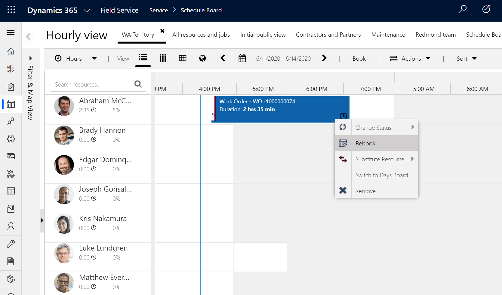 Screenshot of the schedule board, showing the rebook option.