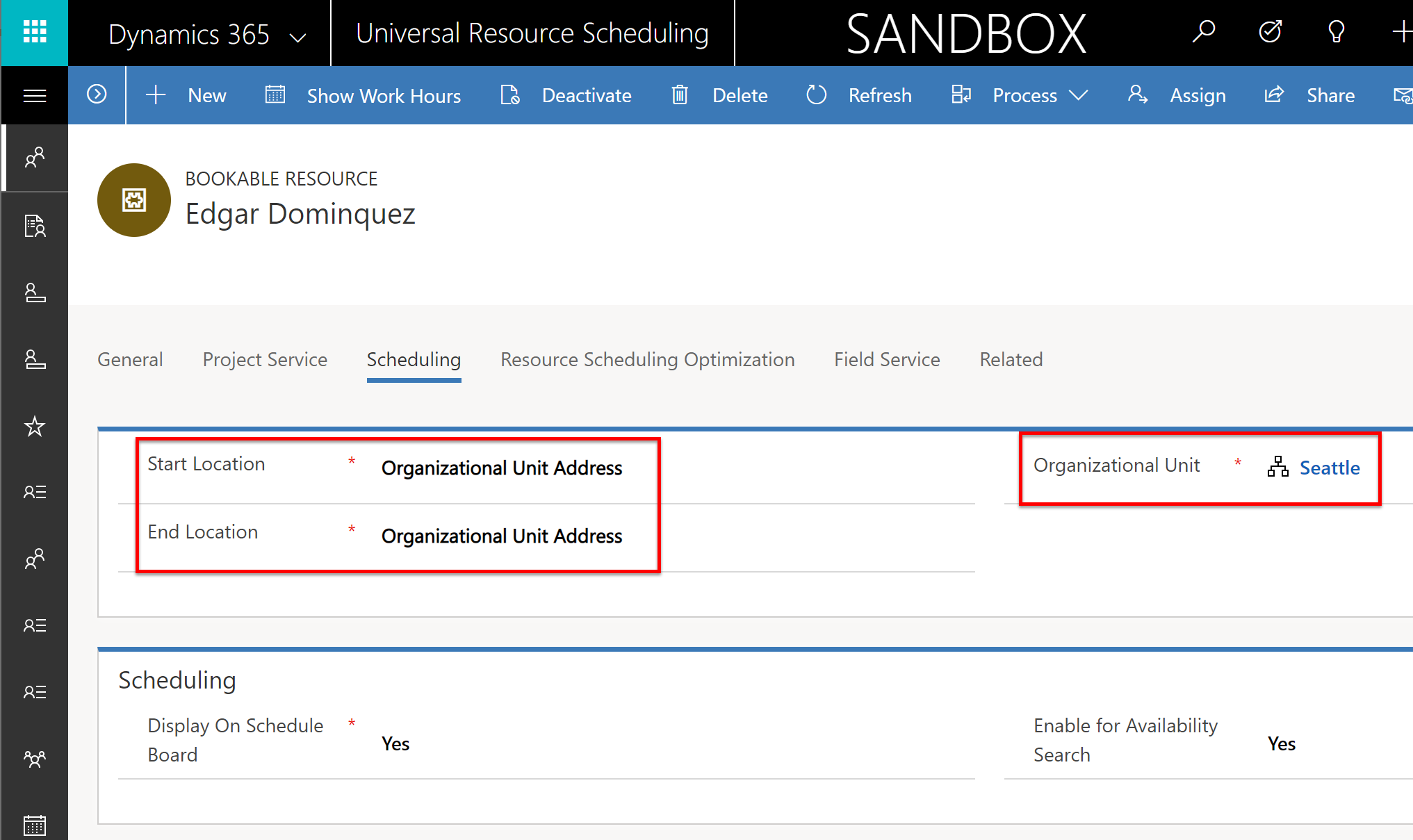 Screenshot of the Bookable Resource window, showing the Scheduling tab with the Start and End Location both set to Organizational Unit Address.