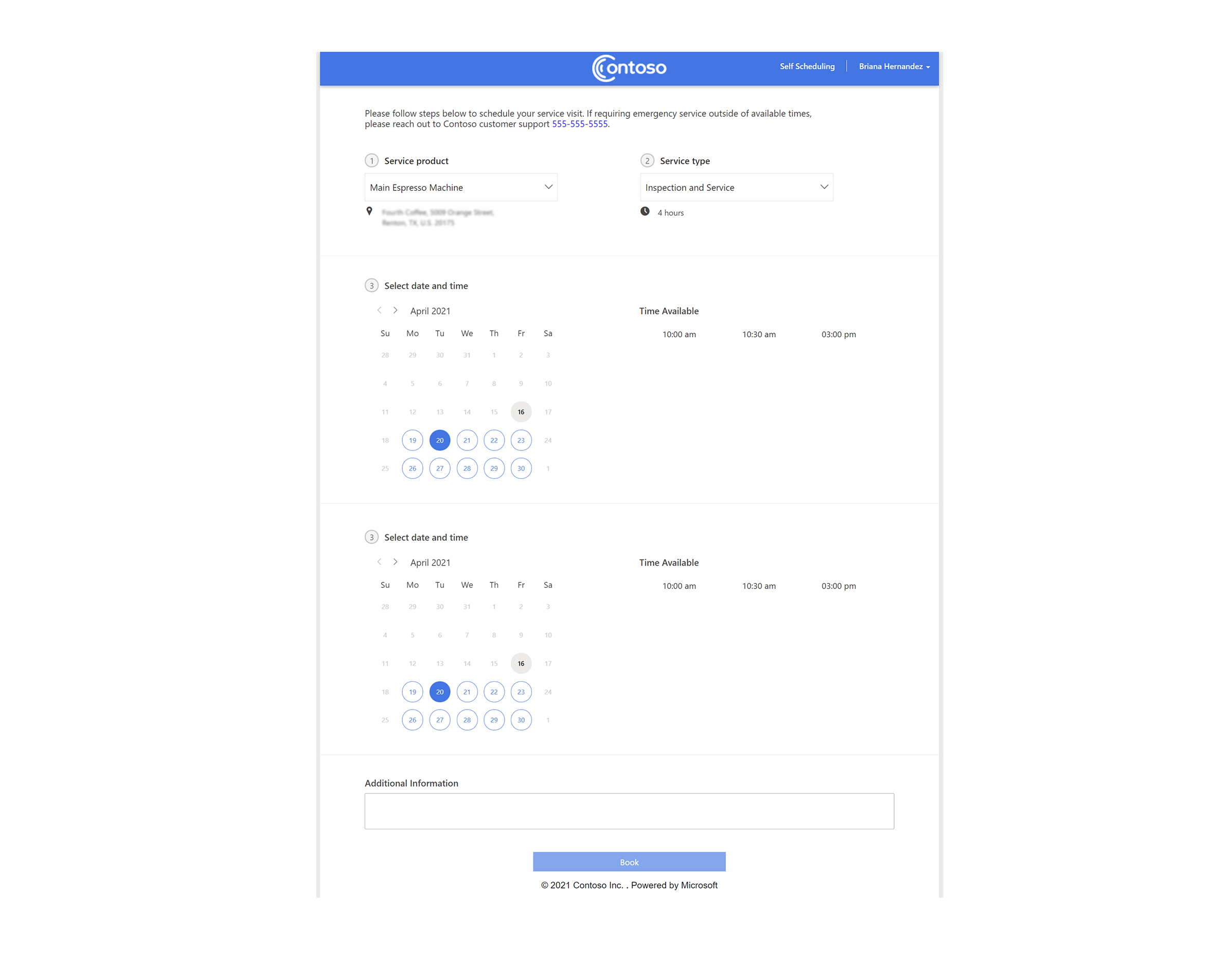 The customer portal, showing the full self-scheduling experience.