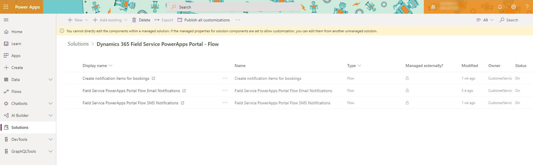 List of flows available in the "Dynamics 365 Field Service PowerApps Portal – Flow" solution.