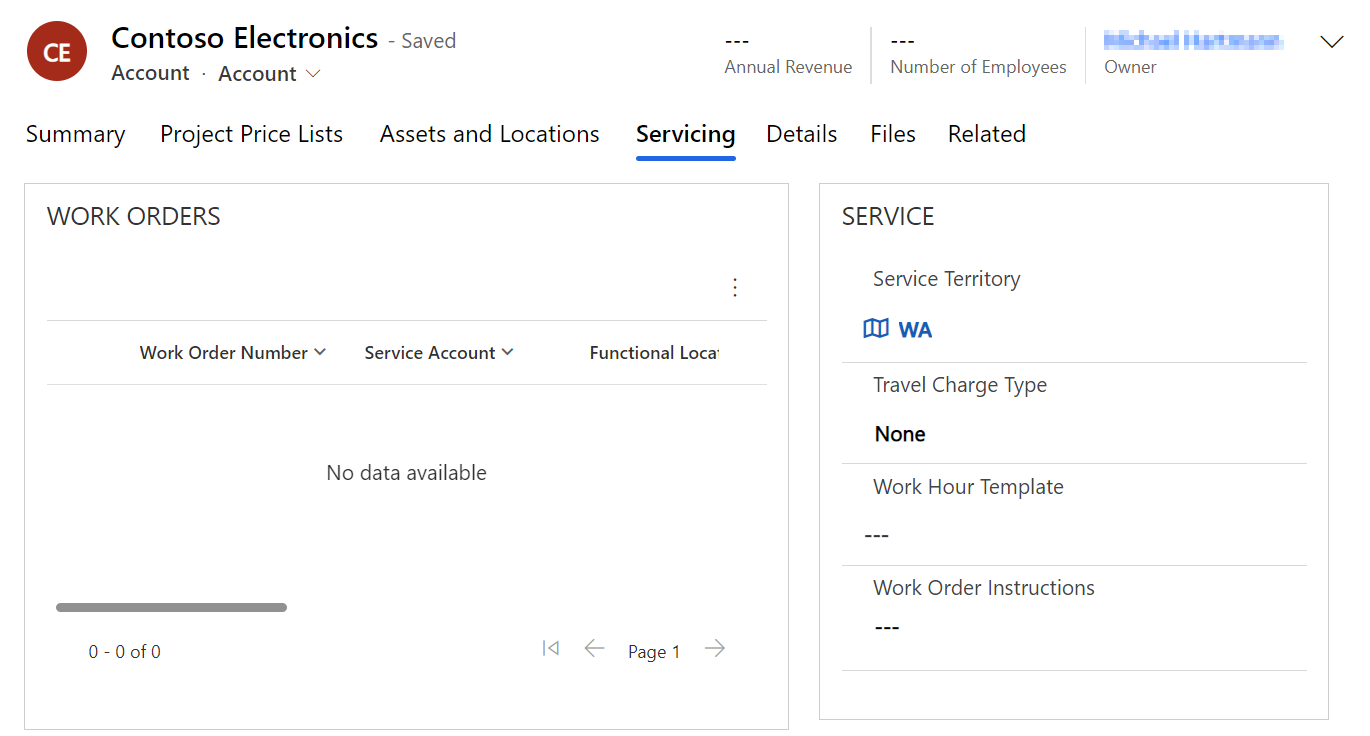 Screenshot of an Account form on the Servicing tab with an associated Service territory.