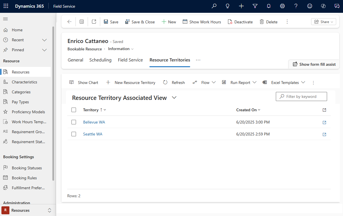 Screenshot of the Bookable Resource record with an associated Territory record.