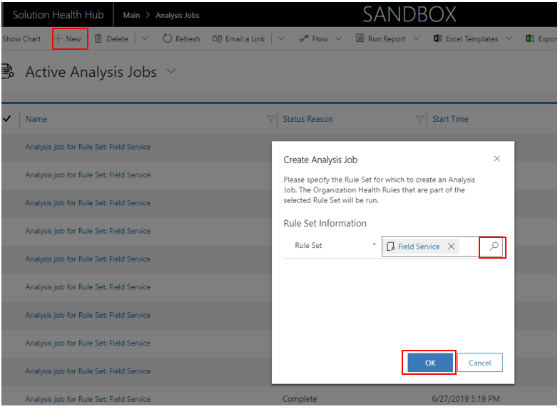 Screenshot of the Solution Health Hub with attention to the "new" option under analysis jobs